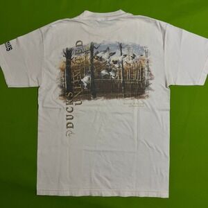 VINTAGE 90S Ducks Unlimited High Water Phillip Crowe Graphic Shirt WhitE Medium